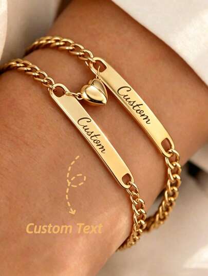 Personalized Engraved Bracelet, Personalized Name Engraved Bracelet With Heart Pendant, Couple Name Bracelet, Customized Name And Date Engraved Bracelet; Meaningful Gift For Partner, Wife, Girlfriend Or Mother