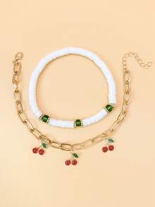 Conjunto de tobilleras de estilo bohemio con cuentas de cerámica suave y colgante de cereza, diseño en capas para vacaciones y playa - Multicolor - Ver 3