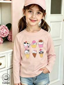 Girls' Cotton Raglan Long-Sleeve T-Shirt, Long Sleeves For Autumn & Winter, Ice Cream Cartoon Print, Cute Sweet Girly Preppy Style - Pink - View 4