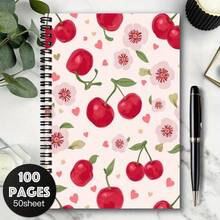 A5 Spiral Coil Notebook, 100 Pages, 50 Sheets, Clean White Cover, Water Red Cherry, Flower And Heart Pattern Design, Sweet Lined Notebook For Classroom Notes, Daily Writing, Back To School Supplies, School Stationery Gift For Students - Cherry - View 3