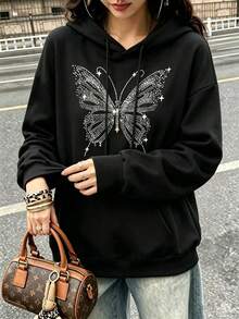 Women's Rhinestone Butterfly Print Hooded Sweatshirt, Drawstring Pocket Loose Long Sleeve Pullover Sweatshirt, Casual Versatile Streetwear Top, Black - Black - View 3