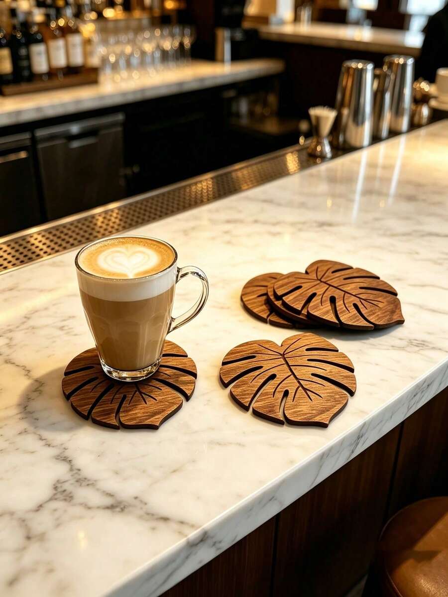 1/2/4pcs Natural Wooden Monstera Leaf Coaster Set, Heat Resistant Non-Slip Coffee & Beverage Cup Mat, Coffee Bar Tabletop Decor Protective Pad, Ideal Gift For Christmas And Thanksgiving - Multicolor - View 1
