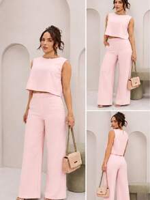 Linen Crop Top And Pants Set - Baby Pink - View 2