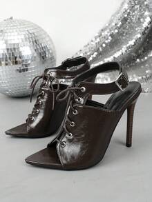 Women's Brown PU Lace-Up Pointed Toe Open Toe Sandals, Adjustable Buckle Ankle Strap Back Strap Stiletto High Heels, Nightclub Evening Dress High Heels - Brown - View 10