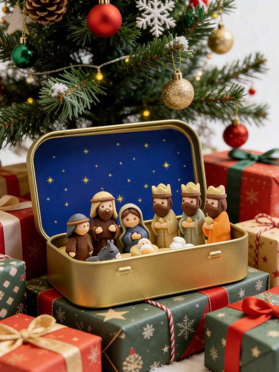 1 Set/1 Piece Christmas Nativity Scene Set In Metal Box, Christmas Nativity Scene Set, Jesus Statue, Suitable For Holy Family, Statue Metal Box Set, Handmade Small Nativity Scene Set, Holiday Decoration, Gift