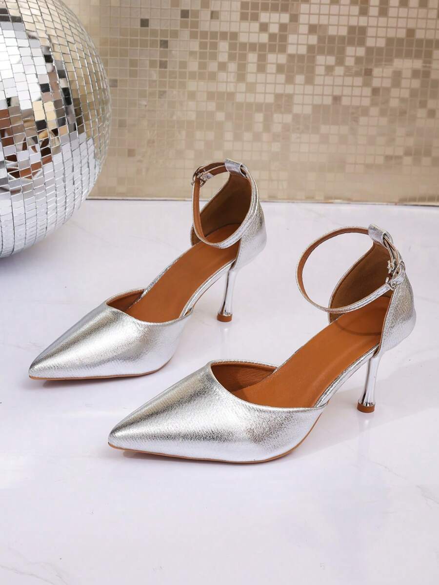 Women's New Silver Pointed Toe Hollow Fashion Versatile Buckle Thin Heel Sandals, Solid Color PU Leather Outdoor Office - Silver - View 1