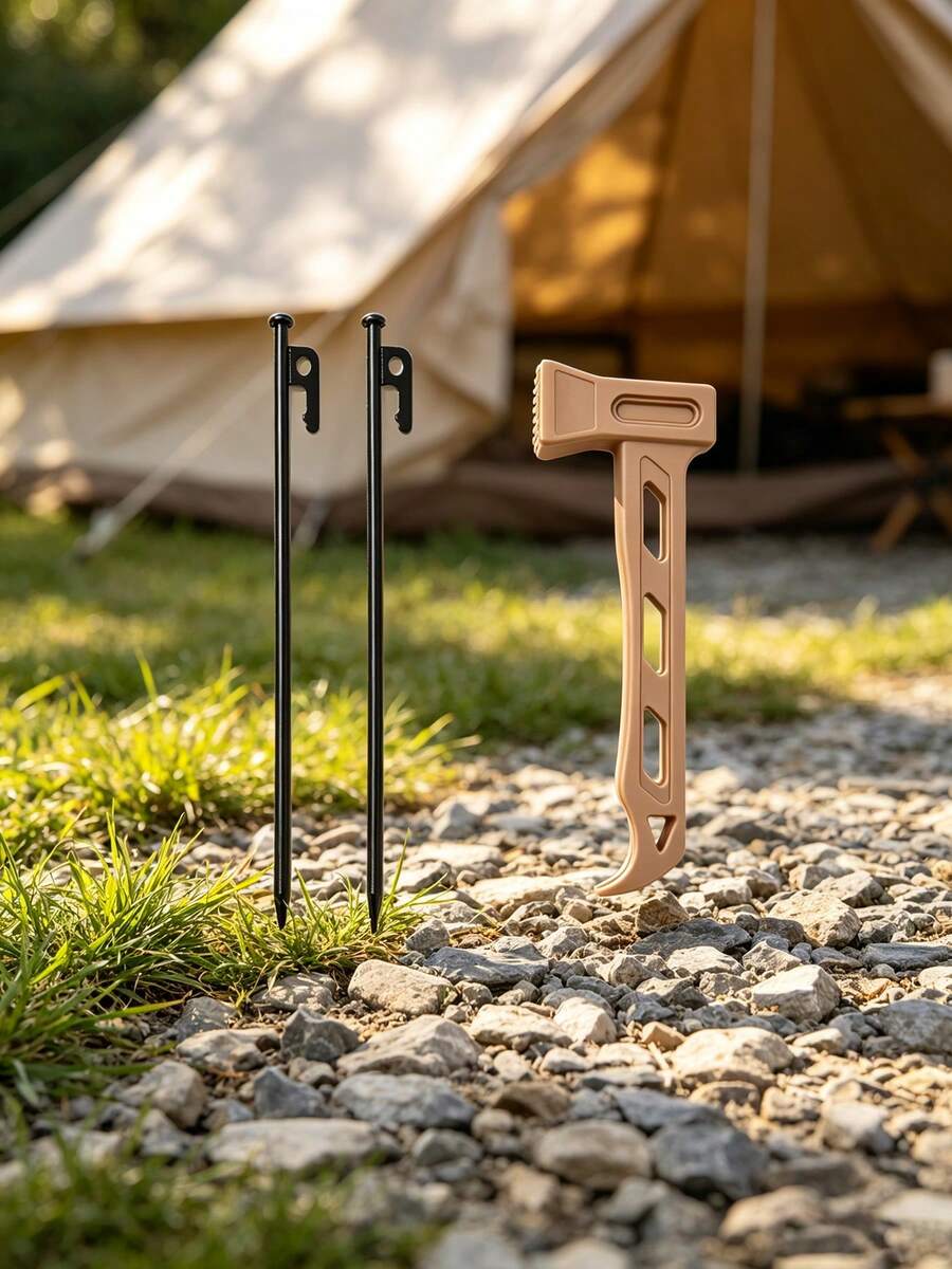 1 Set Heavy Duty Steel Tent Stakes & Hammer Kit, Multi-Function Camping Stake Puller Hammer, Suitable For Outdoor Tents, Tarps, Awnings And Beach Camping - Multicolor - View 1