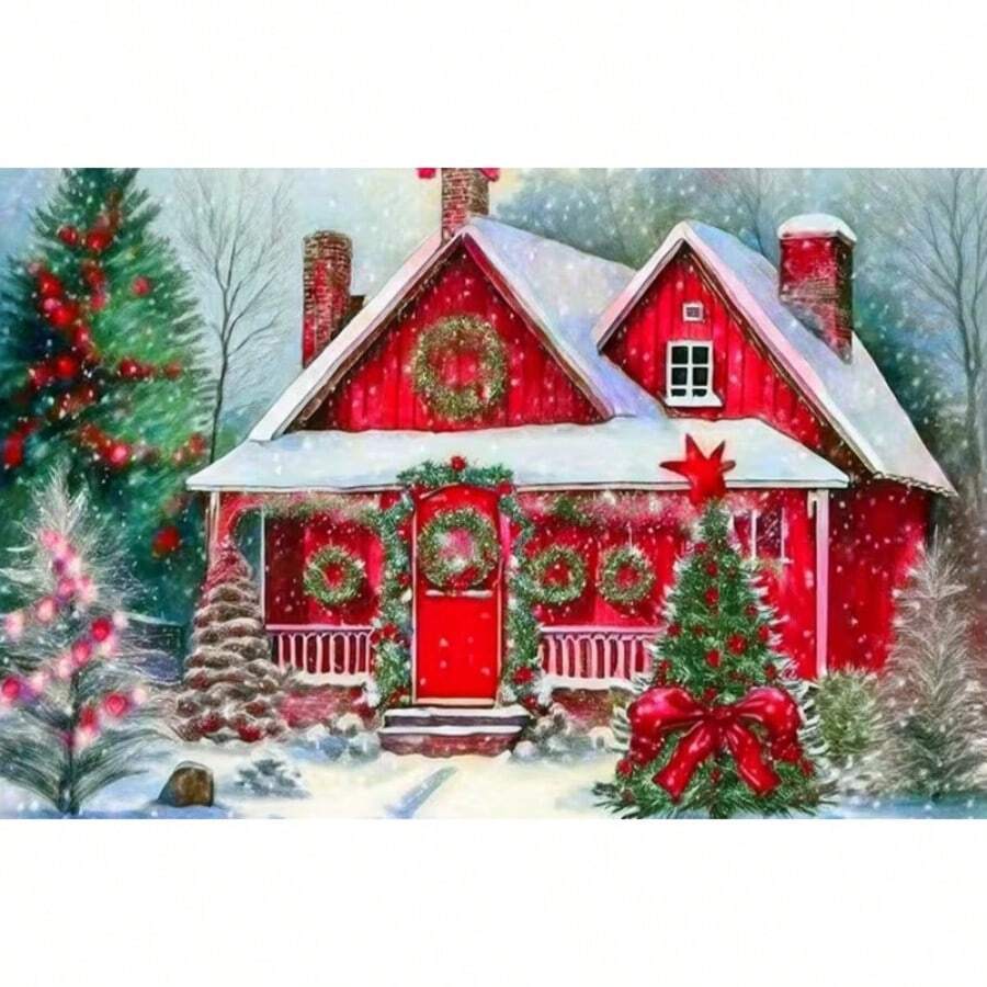 1PC DIY 5D Diamond Painting Kit Christmas Cottage Pattern - Round Full Drill Art Mosaic Craft, Home Wall Decor, Unframed - No Frame - View 1