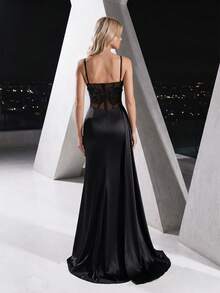 YISIKADO Women's Elegant Spaghetti Strap Slit Formal Evening Gown Party Dress Banquet Wedding Guest Dress - Black - View 2