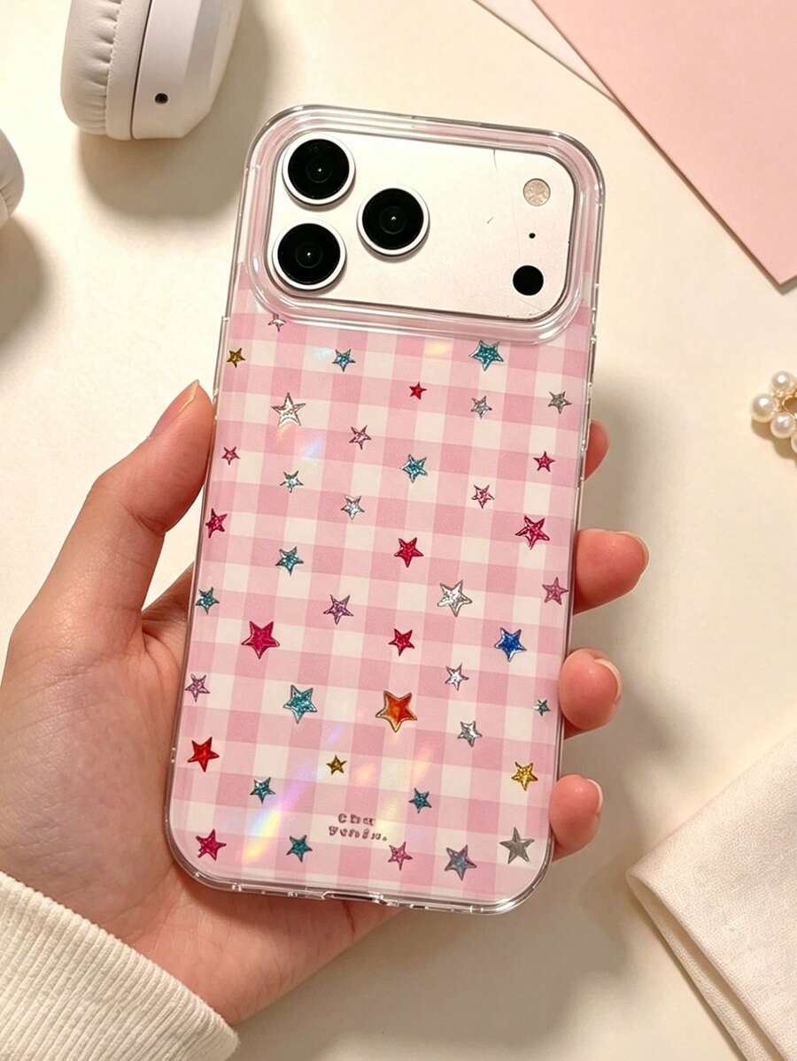 1件裝時尚Y2K可愛彩色星星粉色格紋手機殼,Kawaii防震透明保護手機殼,適用於18Pro Max 18Pro 18 17Pro Max 17Pro 17 16 15 14 13 12 11 Pro Max智慧型手機,女性風格 - 淺粉色 - 查看 1