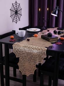 1pc Halloween Gold Hollow Spider Web PVC Table Runner, Washable Party Table Decor, Holiday Party Restaurant Dining Table Ornament, Reusable Soft Easy Storage Table Mat, Suitable For Restaurant, Homestay, Holiday, Party, Gathering, Dinner - Multicolor - View 5