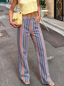 Multi-Color Vertical Striped Straight Leg Jeans, Street Casual Women's Versatile Fashion - Multicolor - View 6