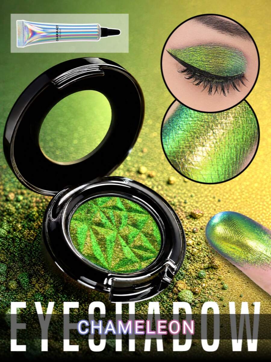 CHARMACY High-Pigment Chameleon Eyeshadow Primer Set 2pcs Eye Shadow Shiny Iridescent Powder Cyberpunk Geometric Crystal Black Round Case Multi-Reflective Crease-Proof Eye Glitter Cosmetics For Stage Music Festival Christmas Winter Fall