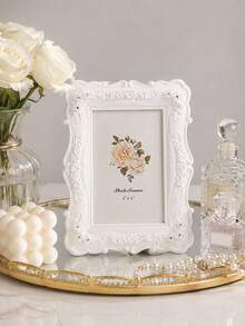 1pc White Rose Embossed Photo Frame, Resin European 3D Classical Floral Design, Gold Trim Decorative Frame Ornament, Warm Home Desktop Decor, Horizontal & Vertical Use, Suitable For Bedroom, Study, Office Desk Decoration - 1PC - View 4