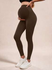 Maternity Seamless Solid Color High Waist Ribbed Waist Yoga Pants Leggings, Basic Slim Fit Sports Long Pants - Brown - View 2