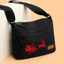 Women's Campus Christmas Pattern Shoulder Bag, Suitable For Shopping, Travel, Back To School, Printed With Reindeer Pulling Sleigh Design, Christmas Pattern Elements, Large Capacity Shoulder Bag, Multiple Colors Available, Fashion Shoulder Bag. - Shoulder Bag - View 14