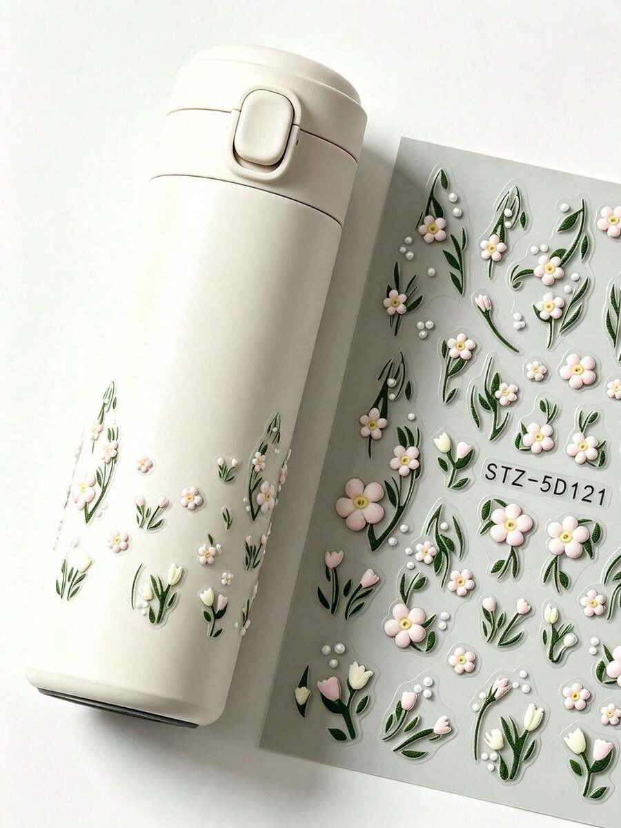 1 Set Light Pink Floral Branch & Colorful Flower Decorative Stickers, Suitable For Phone, Camera, Instant Camera, Hair Dryer, Water Cup, Computer, Napkin Box And Other Object Surfaces, Free To Paste And Decorate, Create Personalized Appearance, Easy To Operate, Suitable For Various Hard Flat Surface Decoration And Modification - Sticker - View 1