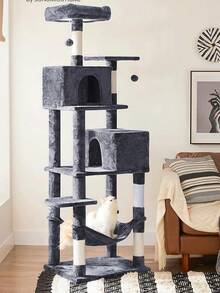 Multi‑Level Cat Tree, With Two Cat Houses, A Hammock And A Hanging Basket. Multiple Sisal Scratching Posts For Claw Sharpening, A Top Viewing Platform, And An Interactive Pom‑Pom Cat Toy. Suitable For Multiple Cats. - Random Color - View 2