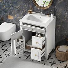 61 Cm Freestanding Vanity Unit In White With Ceramic Basin, Gold Handles, Flip-Out Drawer, Drawers, Side Shelf And Storage Under The Sink, Without Tap - 白色 - 查看 5