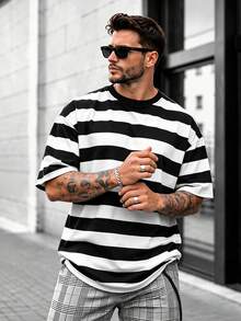 Men's Soft Striped T-Shirt, Casual Crew Neck Short Sleeve Streetwear T-Shirt, Suitable For Daily Wear, Vacation And Weekend - Black - View 3