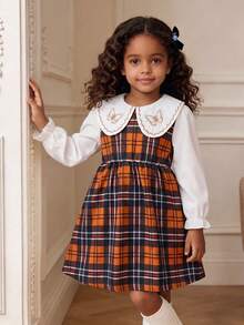 Girls' Spring/Autumn College Style Patterned Dress, Butterfly Embroidered Peter Pan Collar Long Sleeve A-Line Cute Puff Skirt, Casual Daily Back To School Outfit - Mocha Brown - View 4