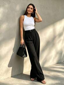 Women's High-Waisted Pleated Loose Fit Trousers, Suitable For Work And Casual Occasions, Black Color (Belt Not Included), Spring/Summer - Black - View 5