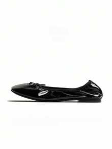 Plus Size Wide Fit Ruched Texture Pointed Toe Mini Bow Slip-On Ballet Flat Shoes - Black - View 2