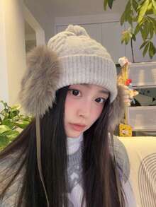 Versatile Warm Knitted Hat For Women, Winter Thermal Lined Pom Pom Earflap Hat, Face-Slimming Oversized Beanie - A - View 3