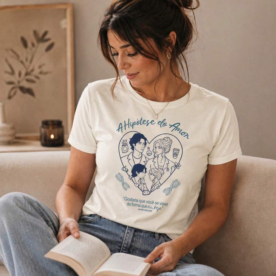 Camiseta Olive e Adam A Hipótese do Amor Estampa Literária Casual Para O Dia a Dia - Off Whitee - Visão 1