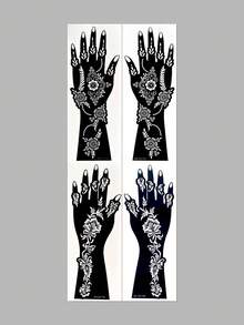 4pcs Exotic Floral Totem Print Temporary Tattoo Stickers, Covers Palm + Forearm, Neat Lines, Vintage Floral Style, Reusable Multiple Times, For Party And Styling - Black - View 8