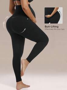 Women's Solid Color High Elasticity Maternity Leggings With Abdominal Support - Black - View 3