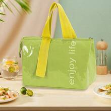 Rectangular Letter Print Lunch Tote Bag, Glossy PU Outer Layer, Contrast Color Handle, Zipper Closure, Aluminum Foil Lining, Large Capacity Insulated Lunch Bag, Suitable For Women, Work, Office, Picnic, Beach, Camping, Travel, Spring/Summer Daily Use - Multiple Styles - View 12