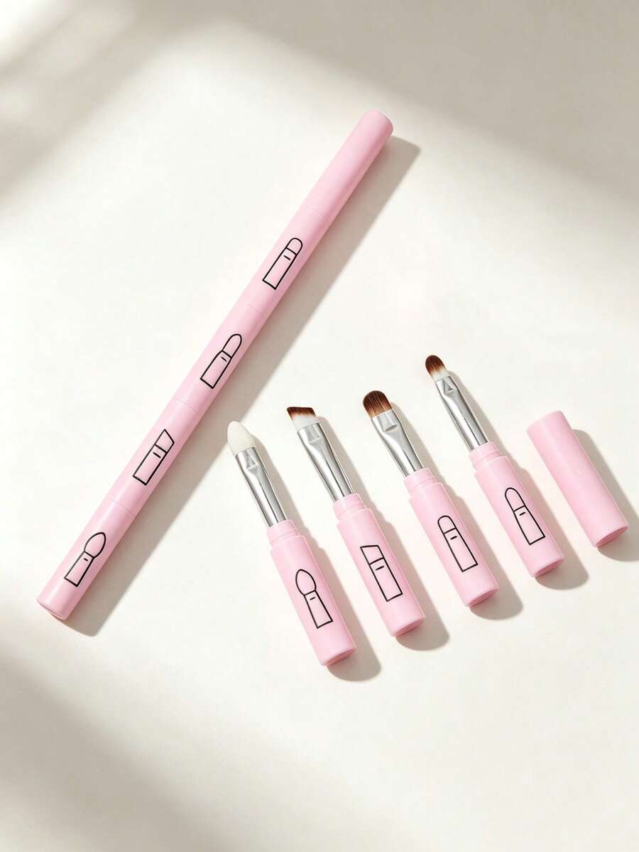 1pc Portable 5-In-1 Makeup Brush, Lightweight Detachable Design, Multi-Functional Beauty Tool For Eyeshadow, Eyebrow, Lip And Eyeliner, Ideal For On-The-Go Makeup - Pink - View 1