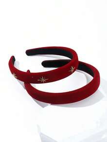 1PC/2PCS 2cm Wide Women's Solid Color Autumn/Winter Velvet Five-Point Star Wide Band Sponge Padded Non-Slip Headband, Versatile Hair Accessory For Daily/Date/Commute - Red - View 8