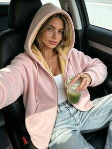 Women's Pink Warm Lined Hooded Zip-Up Jacket, Autumn/Winter Casual Long Sleeve Drawstring Pocket Sweatshirt - Pink - View 7