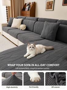 1PC Herringbone Textured Stretch Sofa Seat Cover,Soft Skin-Friendly Easy Clean Scratch Resistant Couch Cushion Protector, Machine Washable All-Season Pet Friendly Sofa Slipcover For 1/2/3 Seater & L-Shaped Corner Sofa - Dark Grey - View 1