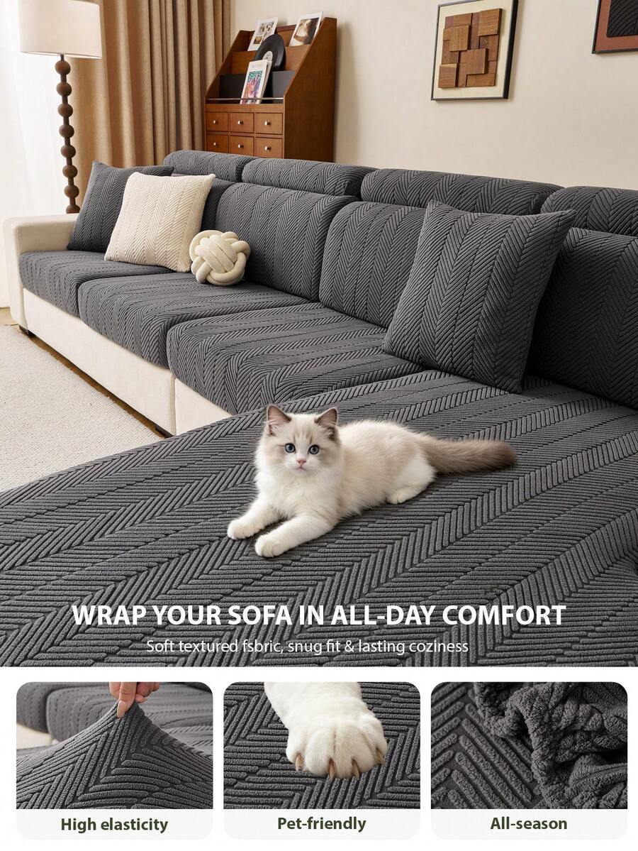 1PC Herringbone Textured Stretch Sofa Seat Cover,Soft Skin-Friendly Easy Clean Scratch Resistant Couch Cushion Protector, Machine Washable All-Season Pet Friendly Sofa Slipcover For 1/2/3 Seater & L-Shaped Corner Sofa - Dark Grey - View 1