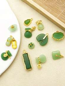 25pcs Chinese Vintage Gold Oil Drop Pendant Small Faux Jade Green Lucky Bag Shape Pendant Handmade Necklace Small Pendant Jewelry - Multicolor - View 3