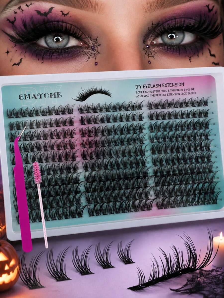 300pcs Cartoon Style D-Curl Mixed Length Faux Mink Single Cluster False Eyelashes, Fine Stem Fluffy Dense Segmented Lashes, Suitable For Halloween Cosplay Party Makeup - D - View 1