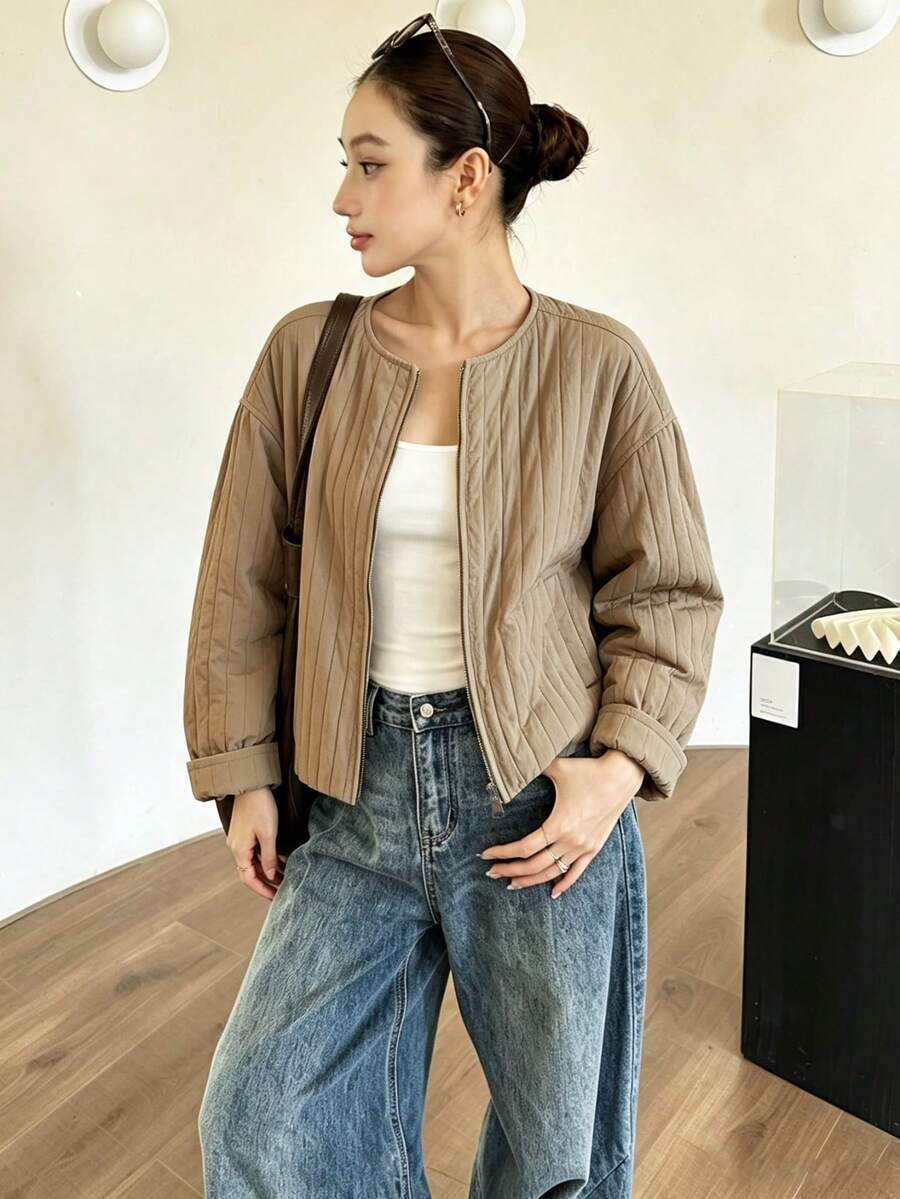 Super Loose Casual Jacket, Small Round Neck, Striped Woven Fabric, Oversized Dropped Shoulder, Loose Sleeve, Daily Commute, Solid Color, Minimalist Fashion