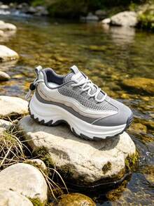 2026 Autumn/Winter New Chunky Sneakers, Thick Sole, Fashionable, Beautiful, Commuting, Outdoor, Travel, Campus, Versatile Lace-Up Gym - Grey - View 3