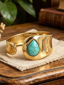 1pc European & American Punk Style Gold Polished Asymmetric Water Drop Open Wide Cuff Bracelet, Women's Luxury Niche High-End Elegant Bangle - Teardrop Bracelet - View 4