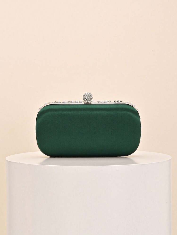 1pc Vintage Dark Green Beaded Evening Clutch, Hand-Embroidered With Rhinestones And Beads, Spherical Crystal Clasp, Elegant And Luxurious, Suitable For Weddings, Parties And Formal Events, Women's Dress Matching Hard Shell Clutch - Dark Green - View 6