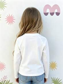 Autumn/Winter Ribbed Cotton Long Sleeve Top For Girls, Casual Sporty College Style - White - View 4