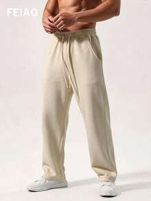 FEIAO Men's Vintage Old Money Style Drawstring Casual Comfortable Long Pants Sweatpants, All-Season Versatile, Autumn Style, Thin Fleece Lining - Beige - View 4