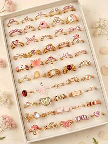 9/18Pcs/Lot Fashion Exquisite Sweet Heart-Shaped Pink Rhinestone Oil Drop Rings For Women Men Holiday Party Gifts Daily Wearing Jewelry Accessories - Pink Rhinestone Cat's Eye Gold Ring - View 2