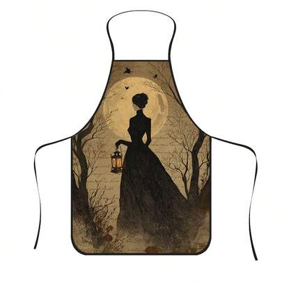 1pc Halloween Vintage Lantern Black Dress Woman & Full Moon Print Apron, Featuring Black Long Dress, Glowing Lantern, Giant Full Moon And Withered Tree Pattern, Durable Cooking Apron Suitable For Bakers, Florists, Cake Decorators, Painters, Nail Artists - Exquisite Gift For Home And Professional Chefs