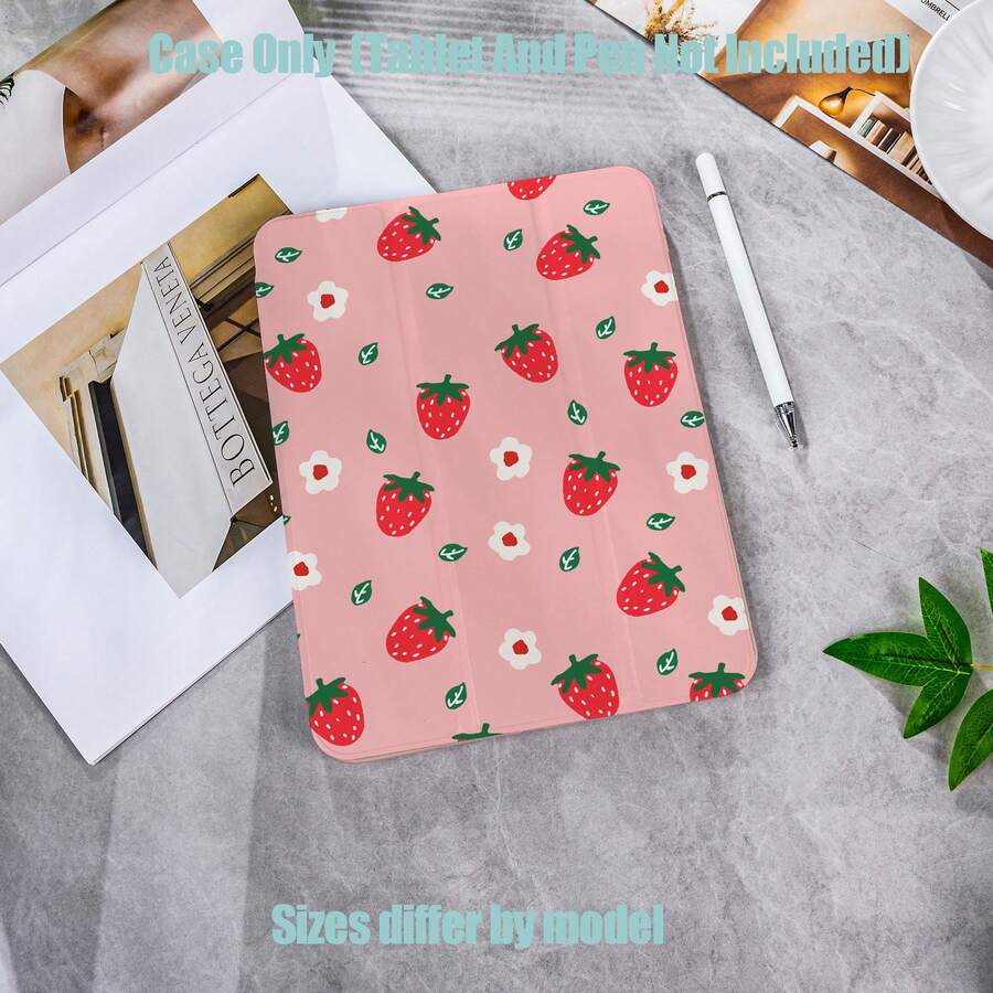 Strawberry Flower Pattern Tablet Protective Case, Tri-Fold High Transparency Acrylic With Pen Slot Protective Case. Tablet Protective Case Features: Tri-Fold Stand Design, Smart Sleep/Wake, Full Protection, Skin-Friendly Frame Material, Airbag Shockproof Frame, Multi-Angle Stand, Built-In Pen Slot, Precise Cutouts, Lightweight And Portable. Compatible With IPad Mini4/5 (7.9 Inch), Mini6/7 (8.3 Inch); Air1/2/3, IPad5/6/8 Generation (9.7 Inch); IPad2019-2021, Pro10.5, Air3 Universal - Multicolor - View 1