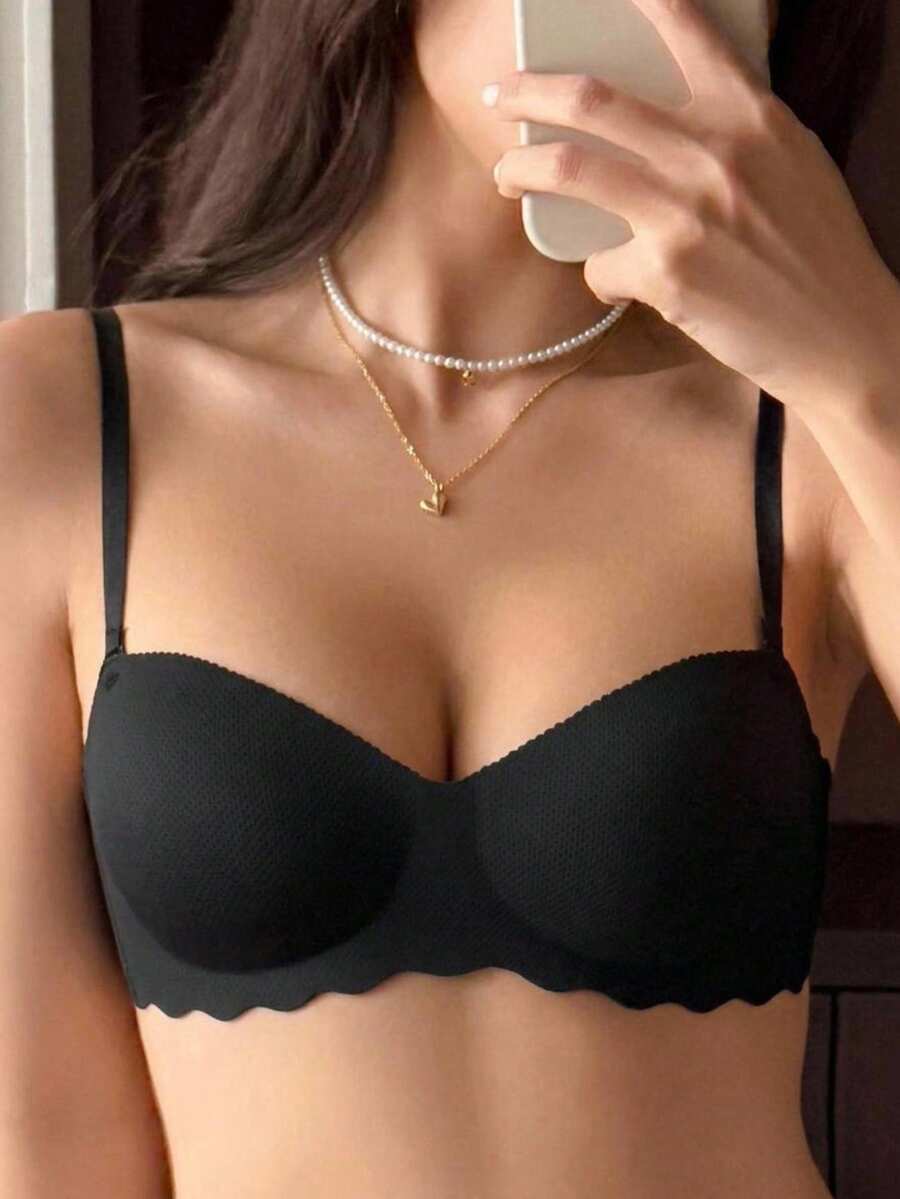 DAZY 女款黑色小胸聚攏胸罩,無縫無鋼圈內衣,純色柔軟加厚掌心杯,性感內衣,運動內衣,無肩帶,全天舒適 - 黑色 - 查看 1