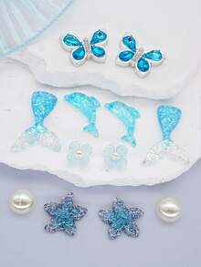 16pcs Ocean Mermaid Blue Diamond Hollow Shoe Charms, Butterfly Dolphin Shell Chain DIY Shoe Buckle Accessory Set - Blue - View 5
